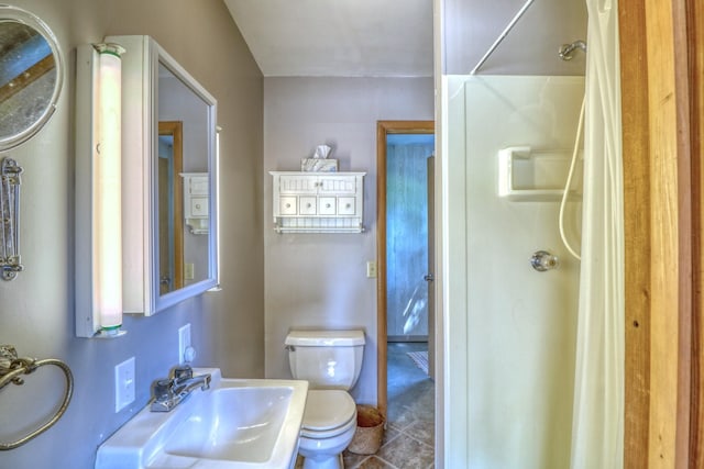 bathroom with toilet, a shower, and a sink