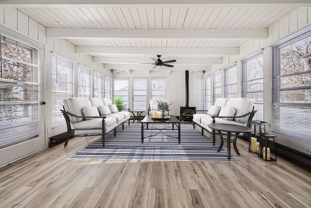 sunroom / solarium featuring a wood stove, beamed ceiling, and ceiling fan