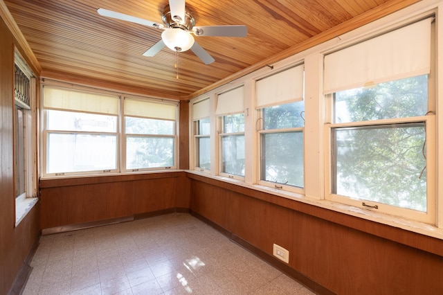 unfurnished sunroom with wooden ceiling, a healthy amount of sunlight, and ceiling fan