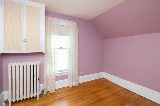 additional living space with a wealth of natural light, radiator, vaulted ceiling, and wood-type flooring