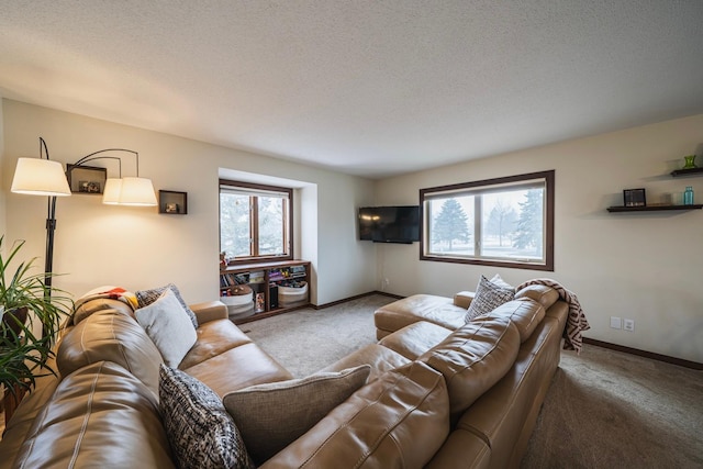 carpeted living room featuring a textured ceiling and baseboards