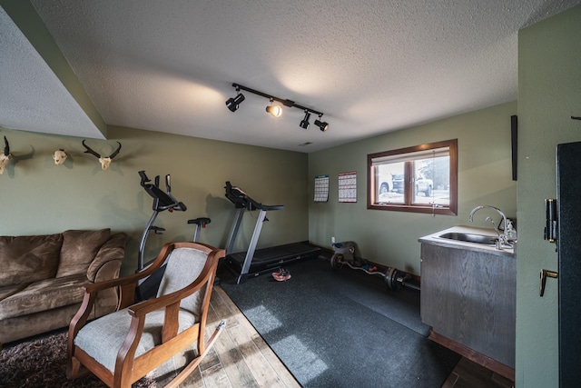 workout room featuring rail lighting, a textured ceiling, a sink, and wood finished floors