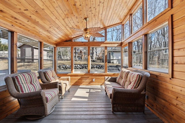 sunroom / solarium with wooden ceiling, a ceiling fan, and lofted ceiling