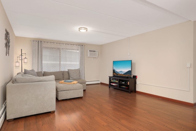 living area featuring a baseboard heating unit, baseboards, a wall unit AC, wood finished floors, and a baseboard radiator