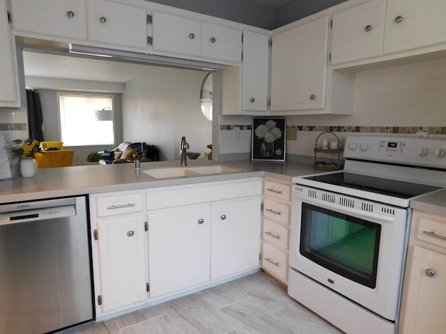 kitchen with white range with electric cooktop, dishwasher, backsplash, light countertops, and a sink