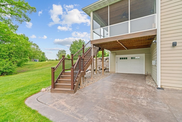 18928 Katrine Ct, Lakeville, MN 55044 - view of side of property with concrete driveway, an attached garage, a lawn, stairs, and a sunroom
