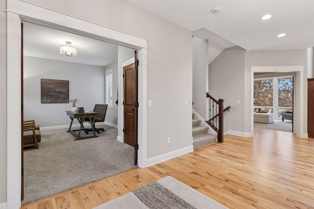 18928 Katrine Ct, Lakeville, MN 55044 - foyer entrance with light wood-style flooring, stairs, baseboards, and recessed lighting