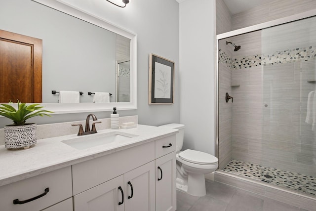 18928 Katrine Ct, Lakeville, MN 55044 - bathroom with vanity, a stall shower, toilet, and tile patterned floors