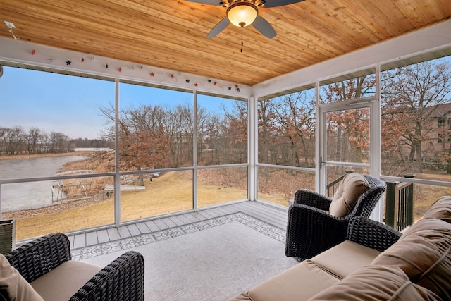 18928 Katrine Ct, Lakeville, MN 55044 - sunroom featuring a water view, a ceiling fan, and view of wooded area