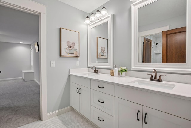 18928 Katrine Ct, Lakeville, MN 55044 - bathroom with double vanity, a shower, and baseboards