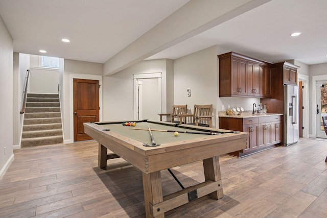 18928 Katrine Ct, Lakeville, MN 55044 - playroom featuring billiards, light wood-style floors, recessed lighting, baseboards, and a sink