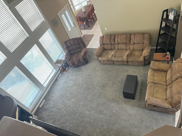 living area with carpet and a towering ceiling