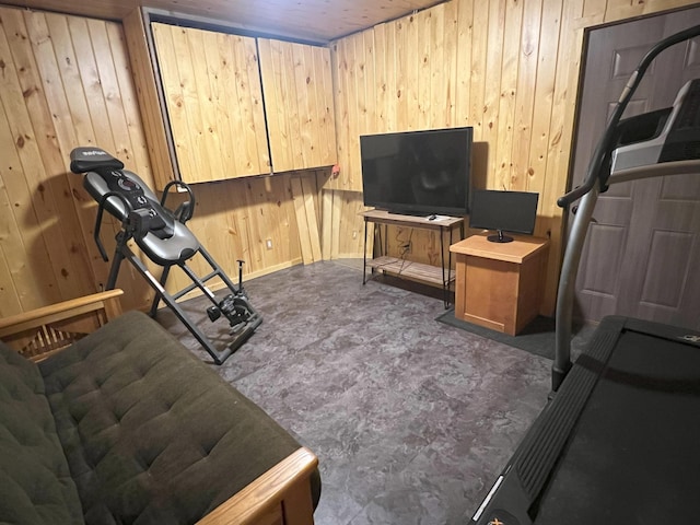 workout area featuring carpet flooring and wooden walls