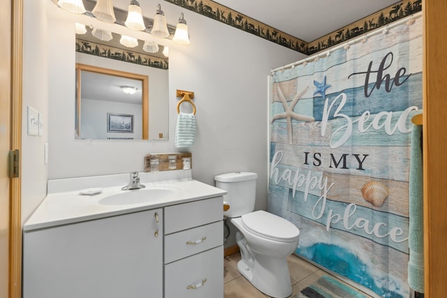 full bath with toilet, curtained shower, vanity, and tile patterned floors