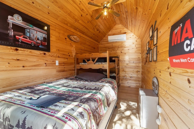 bedroom with vaulted ceiling, an AC wall unit, wood ceiling, and wooden walls