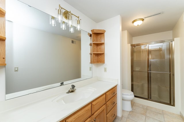 bathroom featuring tile patterned floors, visible vents, toilet, a stall shower, and vanity