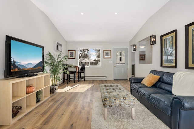 living area with lofted ceiling, a baseboard heating unit, wood finished floors, and recessed lighting