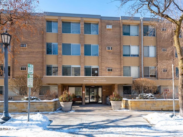 view of snow covered building