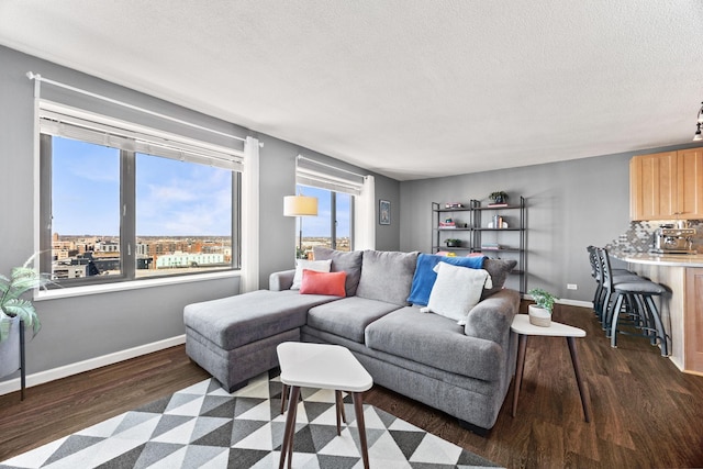 living area with dark wood-style flooring, a textured ceiling, and baseboards