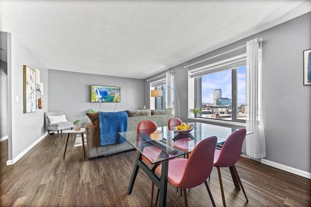 dining area with a view of city, a textured ceiling, baseboards, and wood finished floors