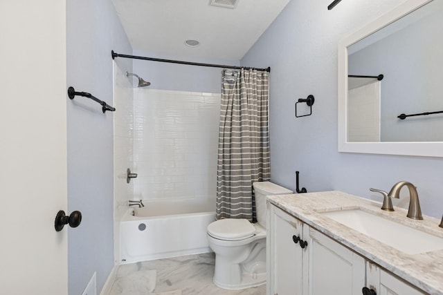 full bath with visible vents, toilet, shower / tub combo with curtain, marble finish floor, and vanity