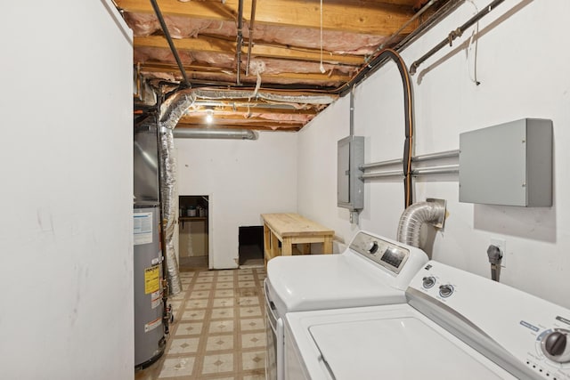 laundry area featuring laundry area, electric panel, independent washer and dryer, light floors, and water heater