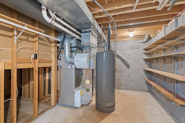 utility room with gas water heater and heating unit