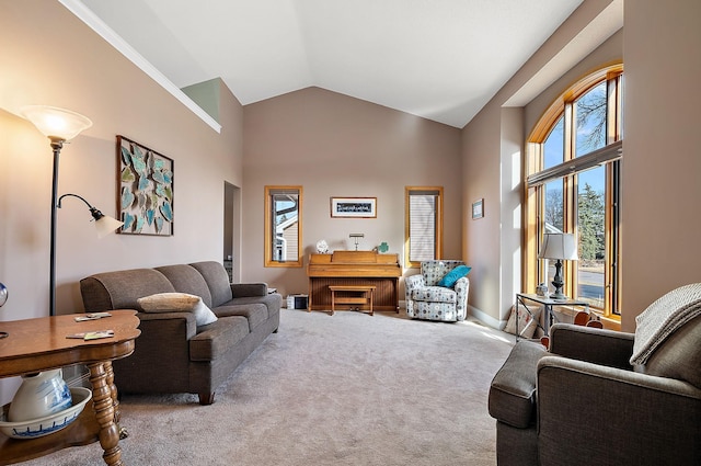 3220 Highlands Rd, Brooklyn Park, MN 55443 - living area featuring carpet and lofted ceiling