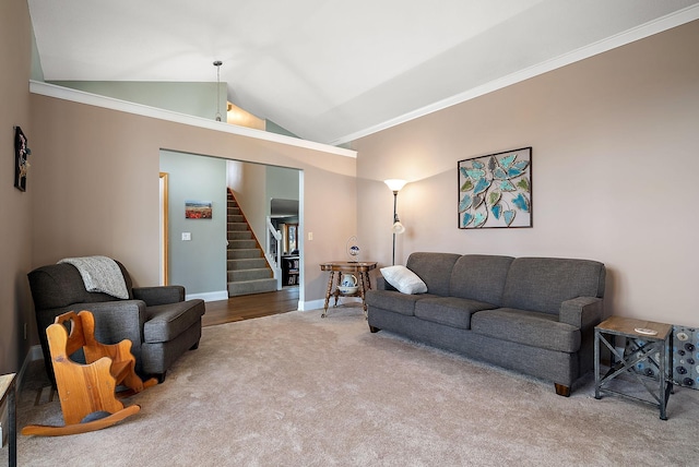 3220 Highlands Rd, Brooklyn Park, MN 55443 - living room featuring carpet flooring, lofted ceiling, stairway, and ornamental molding