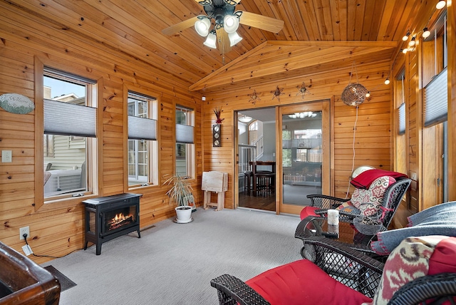 3220 Highlands Rd, Brooklyn Park, MN 55443 - sunroom / solarium featuring healthy amount of natural light, lofted ceiling, and a wood stove