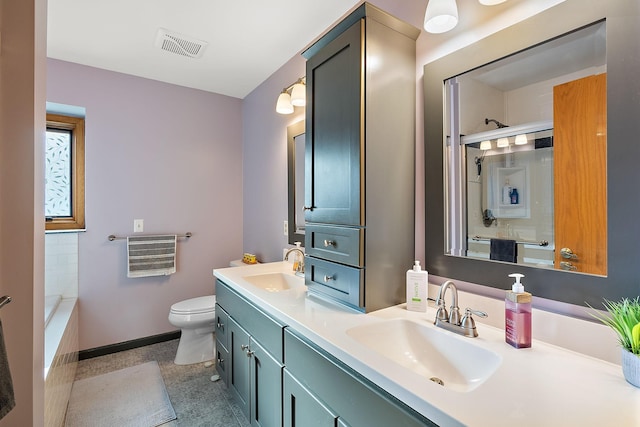 3220 Highlands Rd, Brooklyn Park, MN 55443 - bathroom featuring a shower, double vanity, and tiled tub