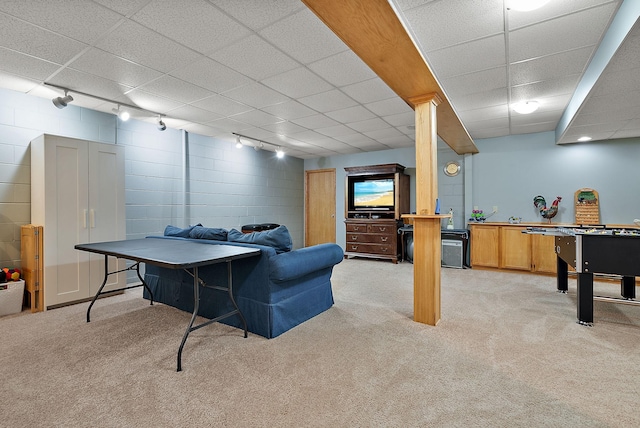 3220 Highlands Rd, Brooklyn Park, MN 55443 - rec room with track lighting, light colored carpet, and a paneled ceiling