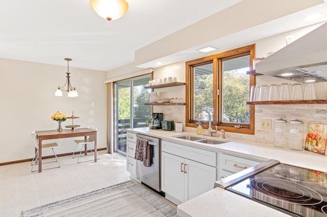 kitchen with electric range, decorative backsplash, stainless steel dishwasher, open shelves, and a sink