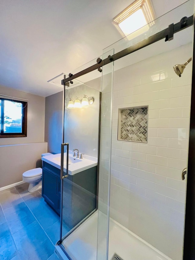 full bath with toilet, a stall shower, and vanity