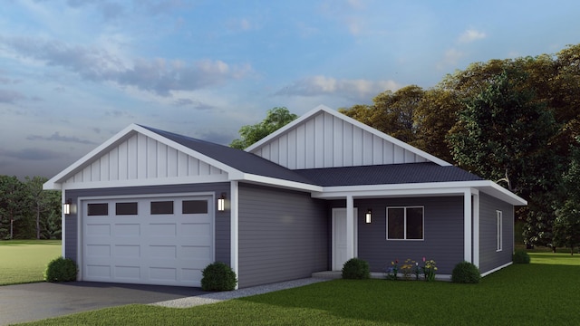 single story home with board and batten siding, a front lawn, and a garage