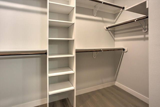 spacious closet with dark wood-style flooring