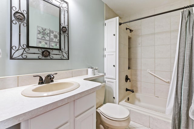 full bathroom featuring vanity, shower / tub combo, and toilet