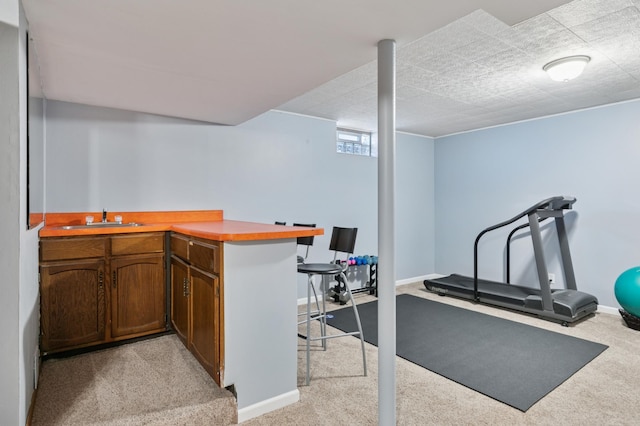 interior space featuring light colored carpet, baseboards, and a sink