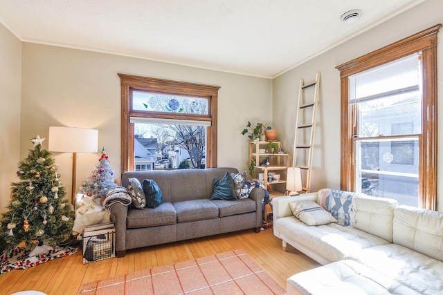 living room featuring ornamental molding and light wood-style floors