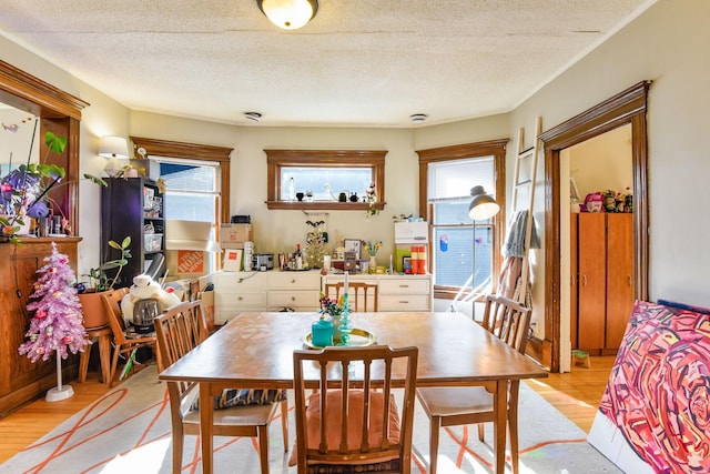 dining space with a healthy amount of sunlight, light wood-style flooring, and a textured ceiling