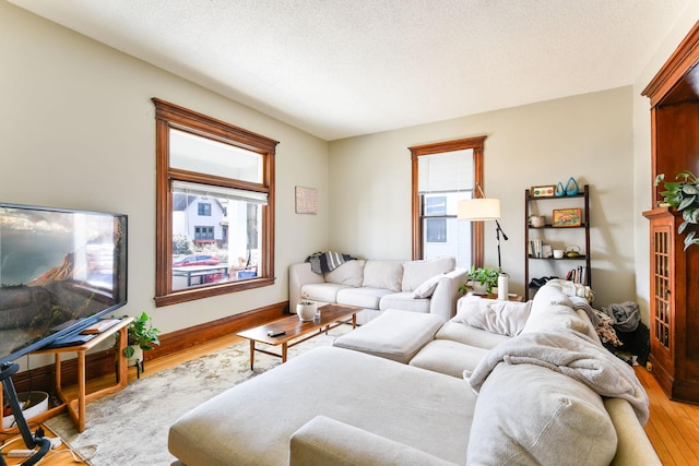 living area featuring light wood-style floors, a textured ceiling, baseboards, and a wealth of natural light