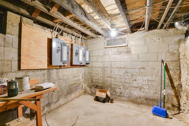 unfinished basement featuring electric panel