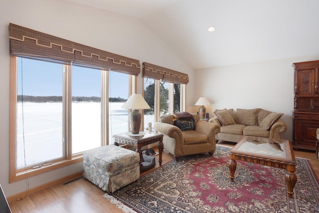 living room featuring vaulted ceiling, wood finished floors, and baseboards