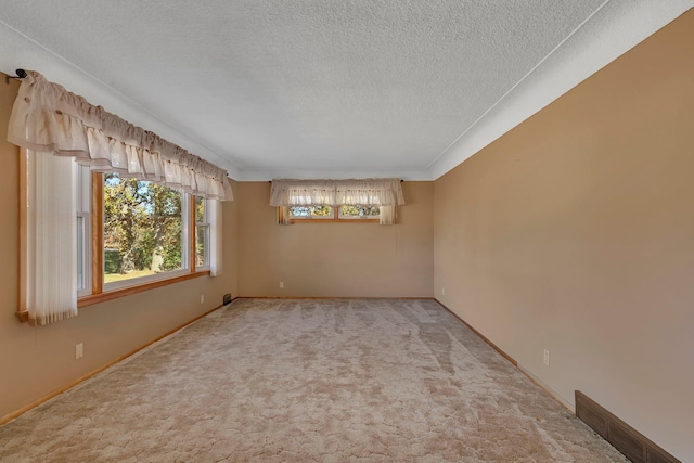 spare room featuring light carpet, baseboards, and a textured ceiling