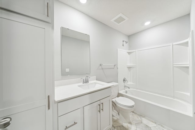 full bathroom with bathing tub / shower combination, recessed lighting, visible vents, toilet, and vanity