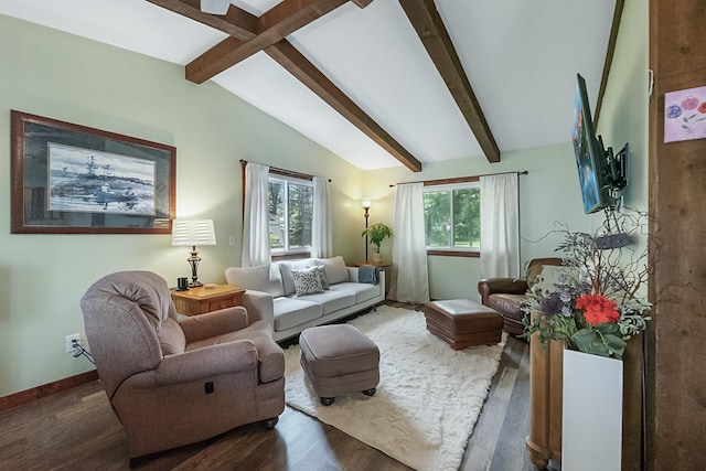 living room with lofted ceiling with beams, baseboards, and wood finished floors