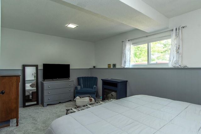 carpeted bedroom with a wainscoted wall and a textured ceiling