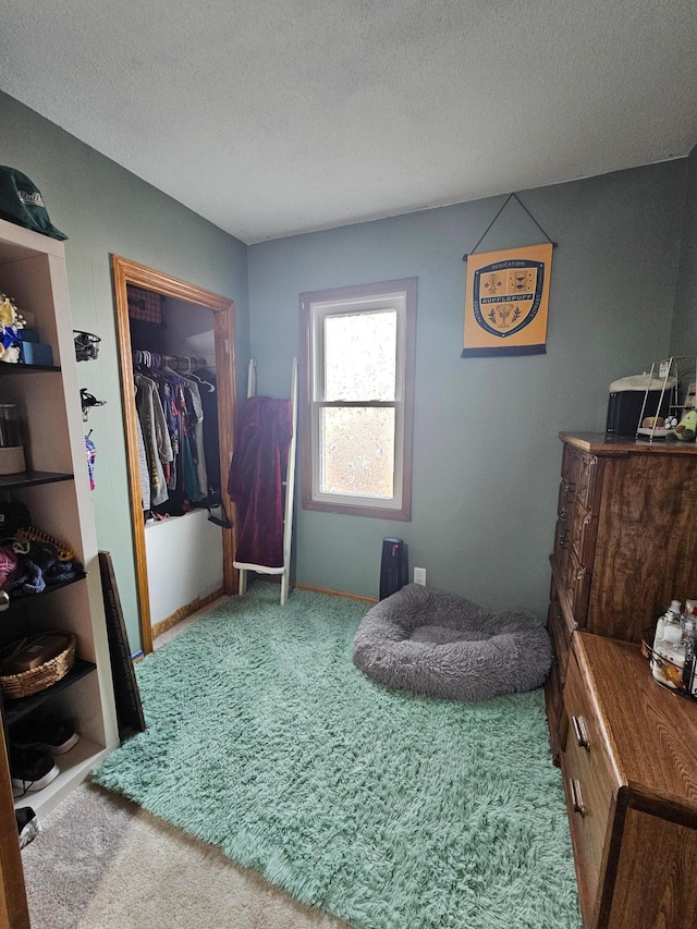 carpeted bedroom with a closet and a textured ceiling