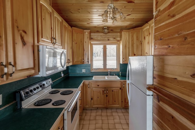 kitchen with dark countertops, white appliances, wooden ceiling, and a sink