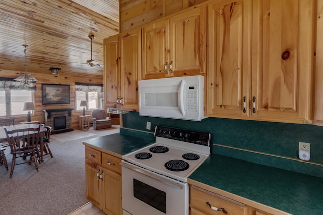 kitchen featuring wooden ceiling, light carpet, white appliances, a fireplace, and open floor plan